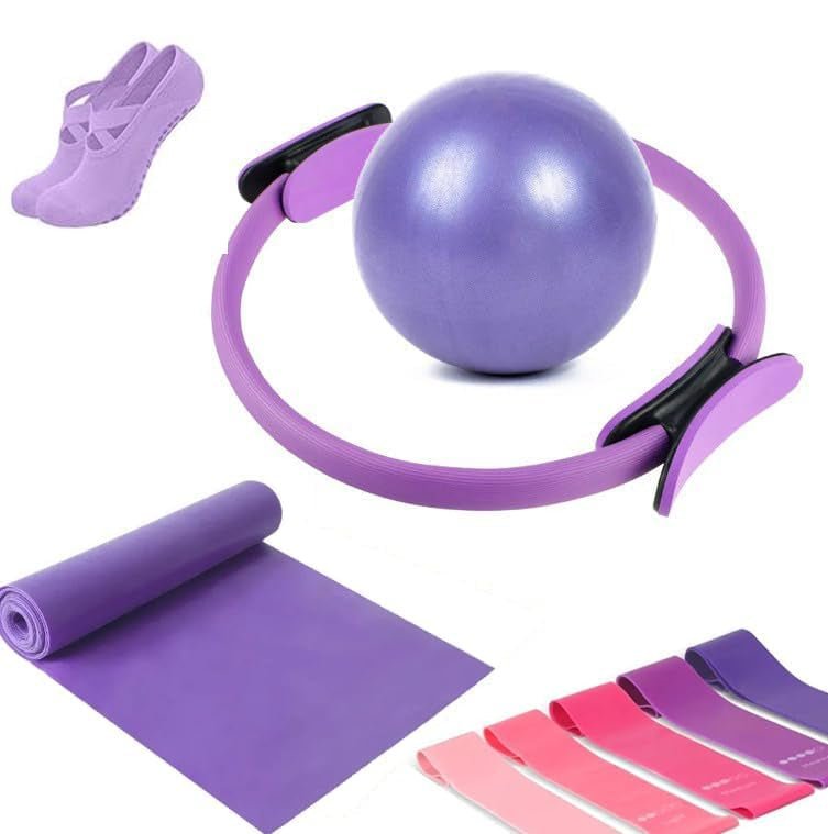 9-Piece Pilates Equipment Set featuring resistance bands, a Pilates ring, a stability ball, and non-slip socks, ideal for home workouts and enhancing core 0