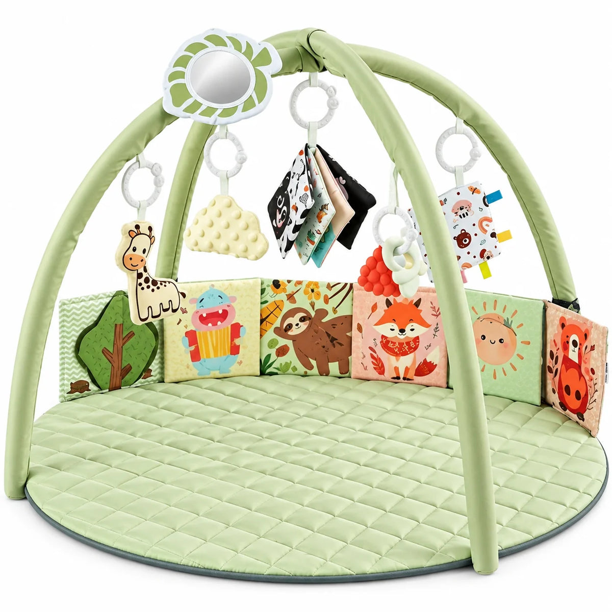 Baby Play Gym Mat featuring detachable toys for tummy time, designed with soft padded fabric to enhance sensory development for infants. 5