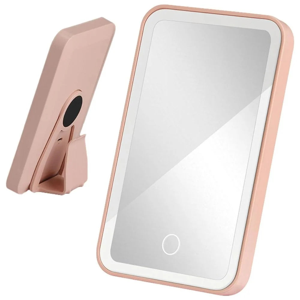 Car visor makeup mirror featuring three color LED lights and adjustable brightness, designed in a compact pink and white ABS casing. 2