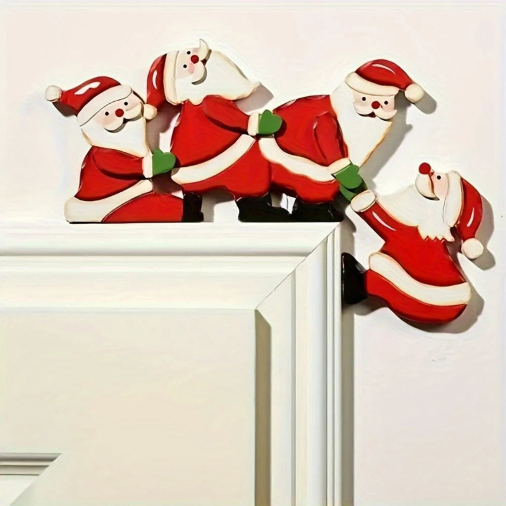 Christmas door frame decoration featuring reindeer and gift motifs, crafted from wood for festive indoor decor. 8