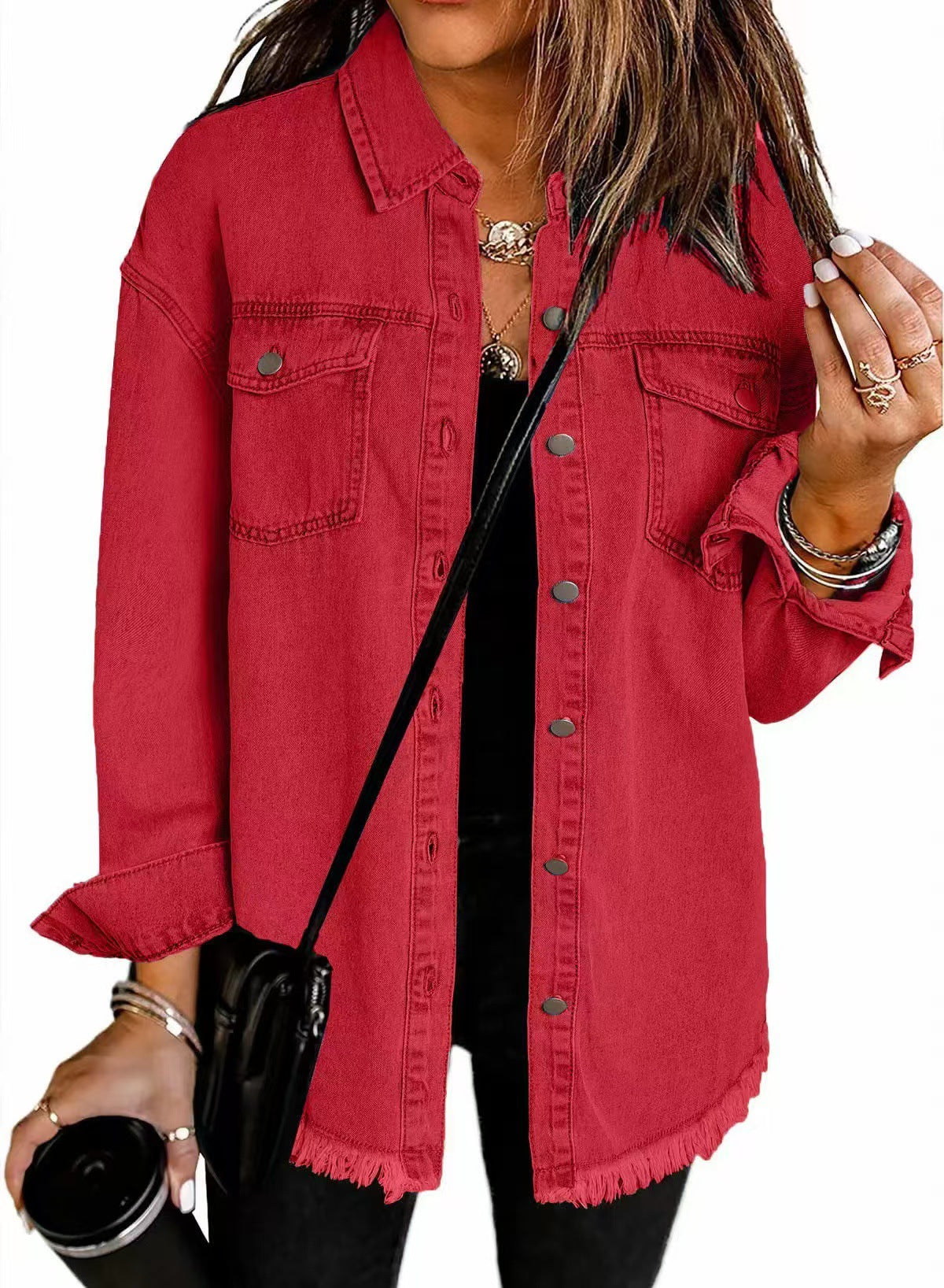 Classic blue oversized denim jacket for women featuring a relaxed fit and functional pockets, perfect for casual outings and layering. 6
