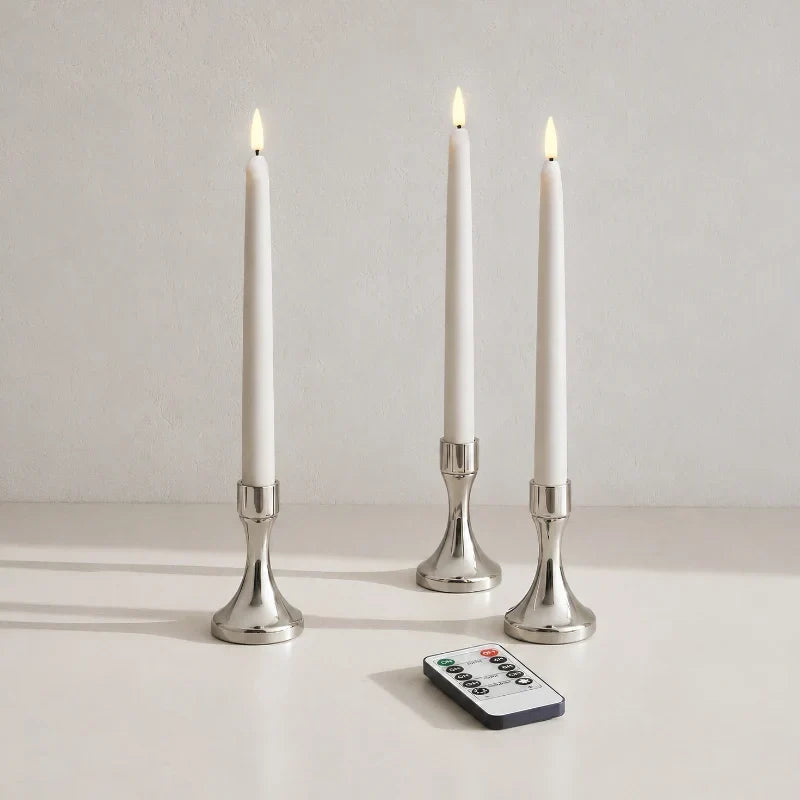Flameless LED candle tapers for chandelier lighting in slim design, available in customizable finishes, offered in 4, 6, or 10 8