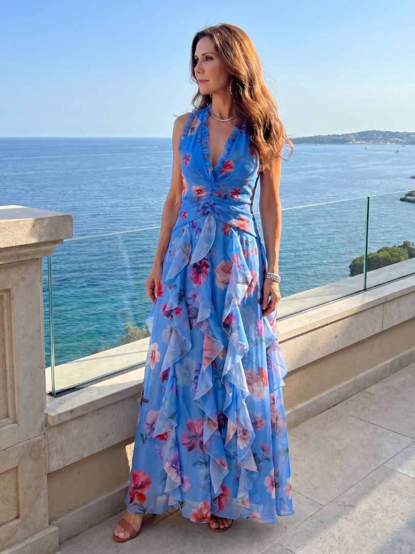 Floral maxi dress with halter neck and ruched bodice, perfect lightweight summer dress for wedding guests, featuring vibrant colors and elegant design. 7