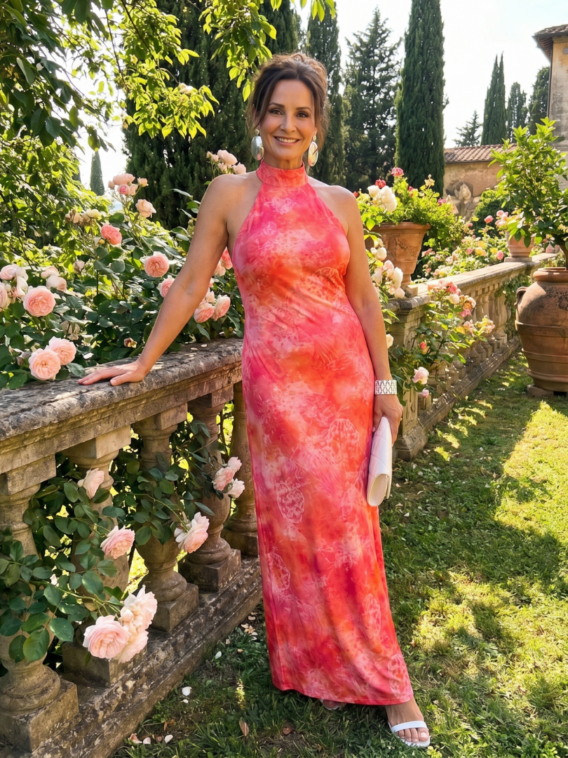 Halter neck maxi dress featuring a vibrant printed pattern, designed for elegance with a lightweight sleeveless style, perfect for special occasions. 4