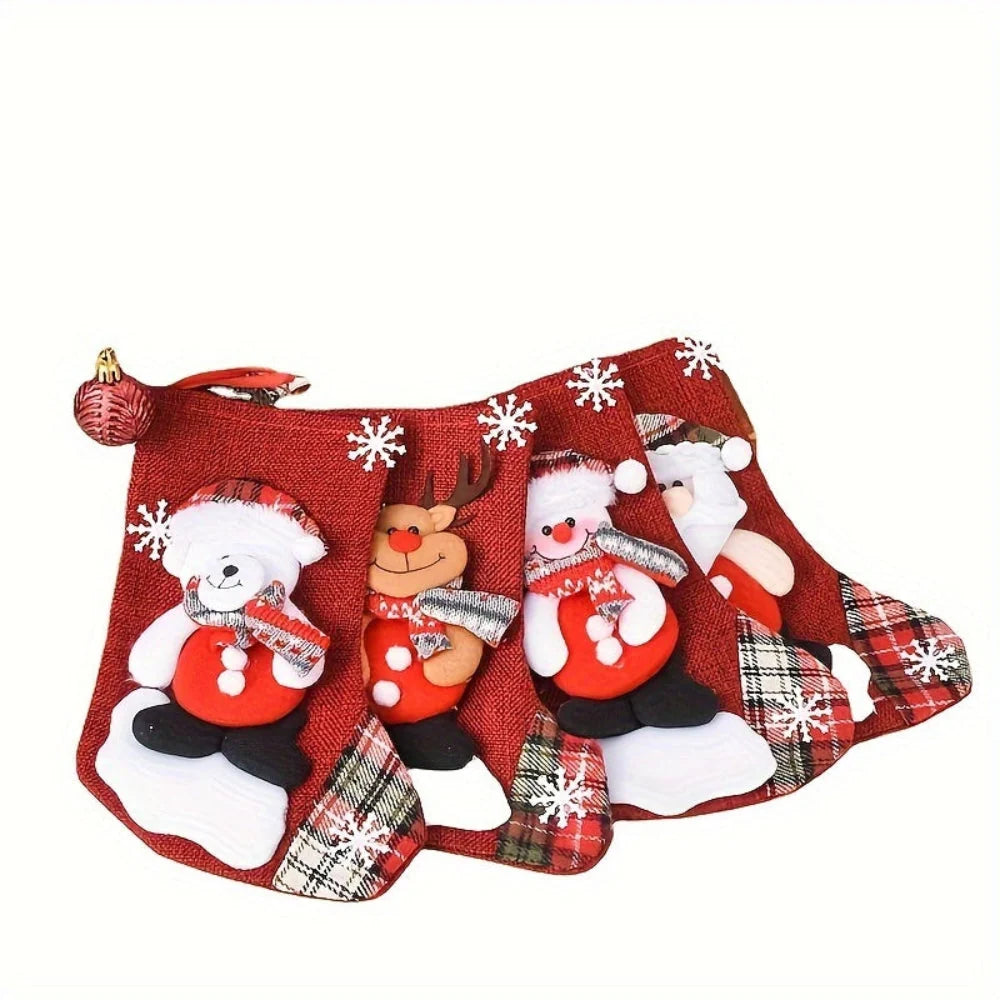 Hanging Christmas stockings set featuring Santa, snowman, and reindeer designs, made of festive polyester, perfect for holiday decor and stocking fillers. 5