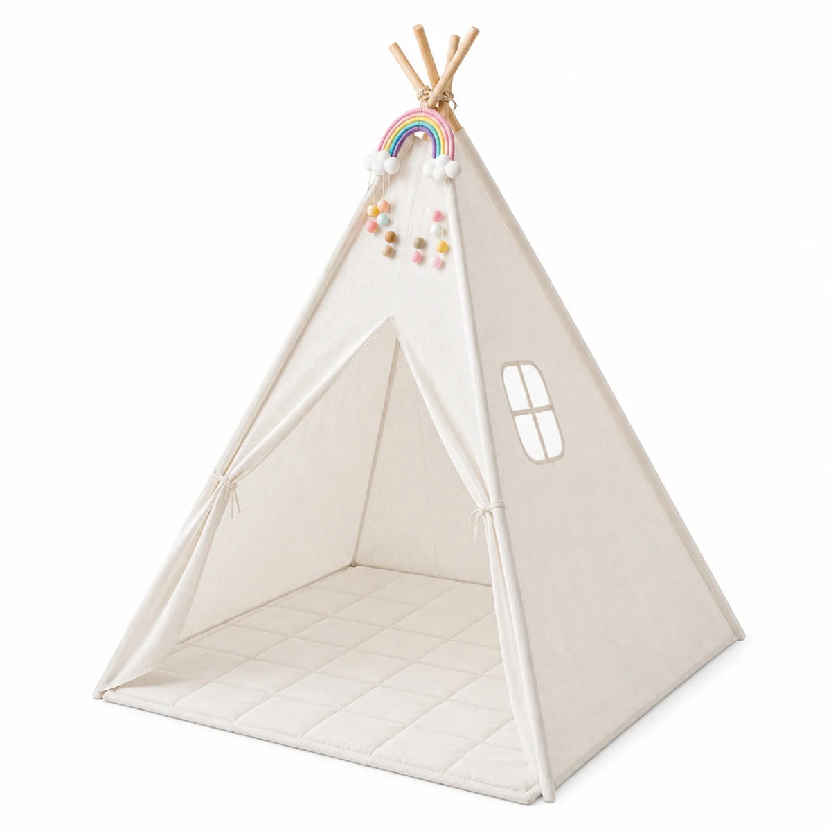 Kids Teepee Play Tent with padded mat, made from soft cotton canvas, designed for indoor imaginative play, featuring a cozy and inviting space for children to 1