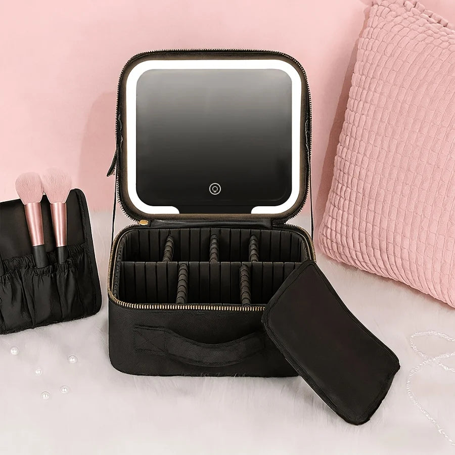 LED Makeup Organizer Case in pink and black featuring an adjustable mirror and custom dividers, designed for travel convenience and organized cosmetics storage. 1