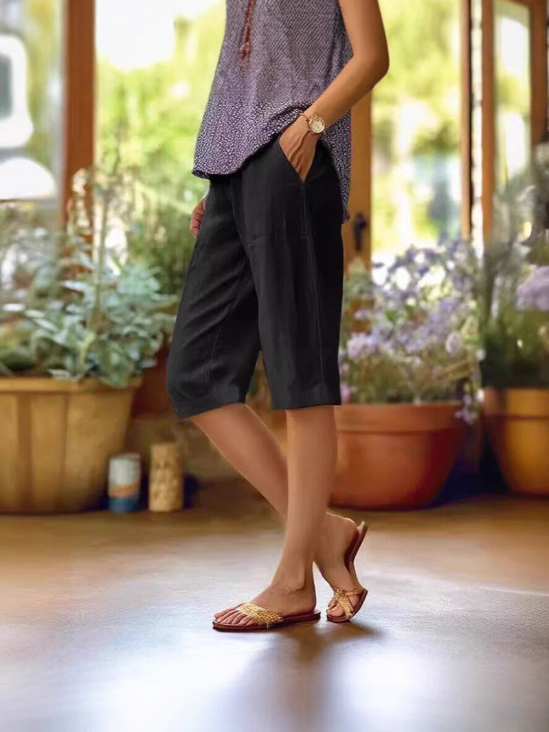 Light summer shorts for women featuring an adjustable waistband, breathable fabric, relaxed fit, and convenient side pockets ideal for warm weather and casual outings. 4