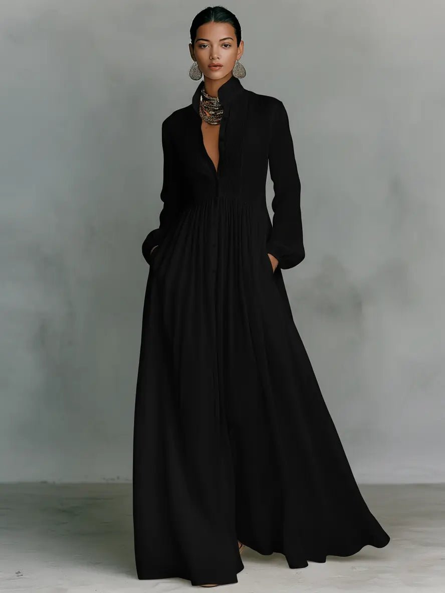 Maxi dress featuring a stylish patchwork linen design, elegant stand-up collar, and convenient button closure, perfect for casual or semi-formal occasions. 3