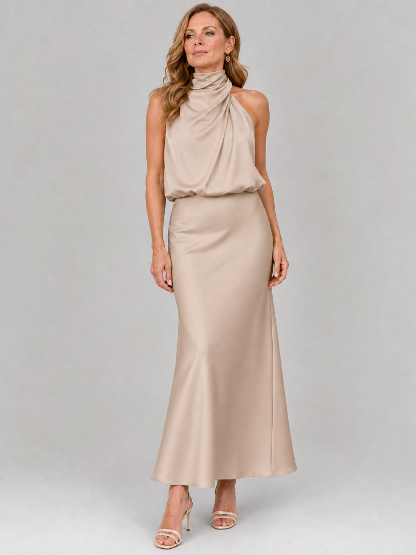 Sleeveless midi dress with draped neckline and gathered waist, showcasing elegant day-to-night wear in smooth fabric, perfect for any occasion. 9