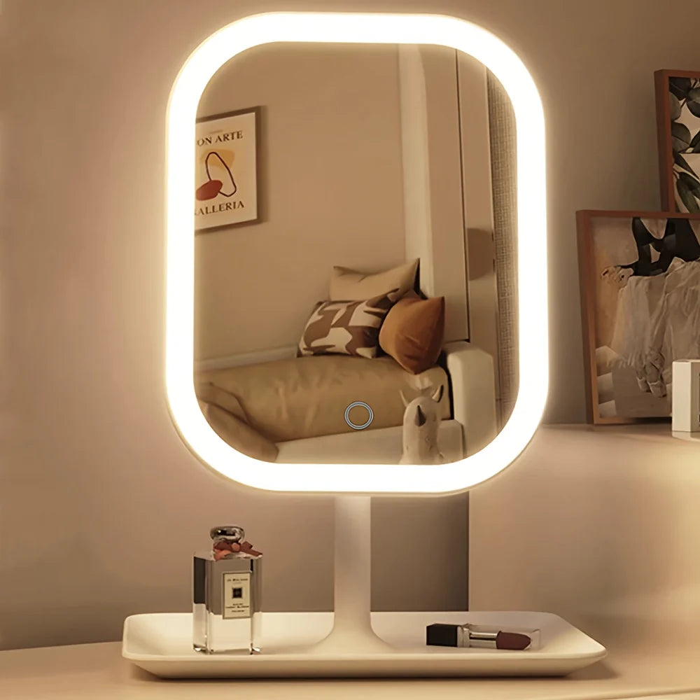Vanity makeup mirror featuring dimmable LED lights and a rotating design, showcased in an elegant white and pink finish. 2