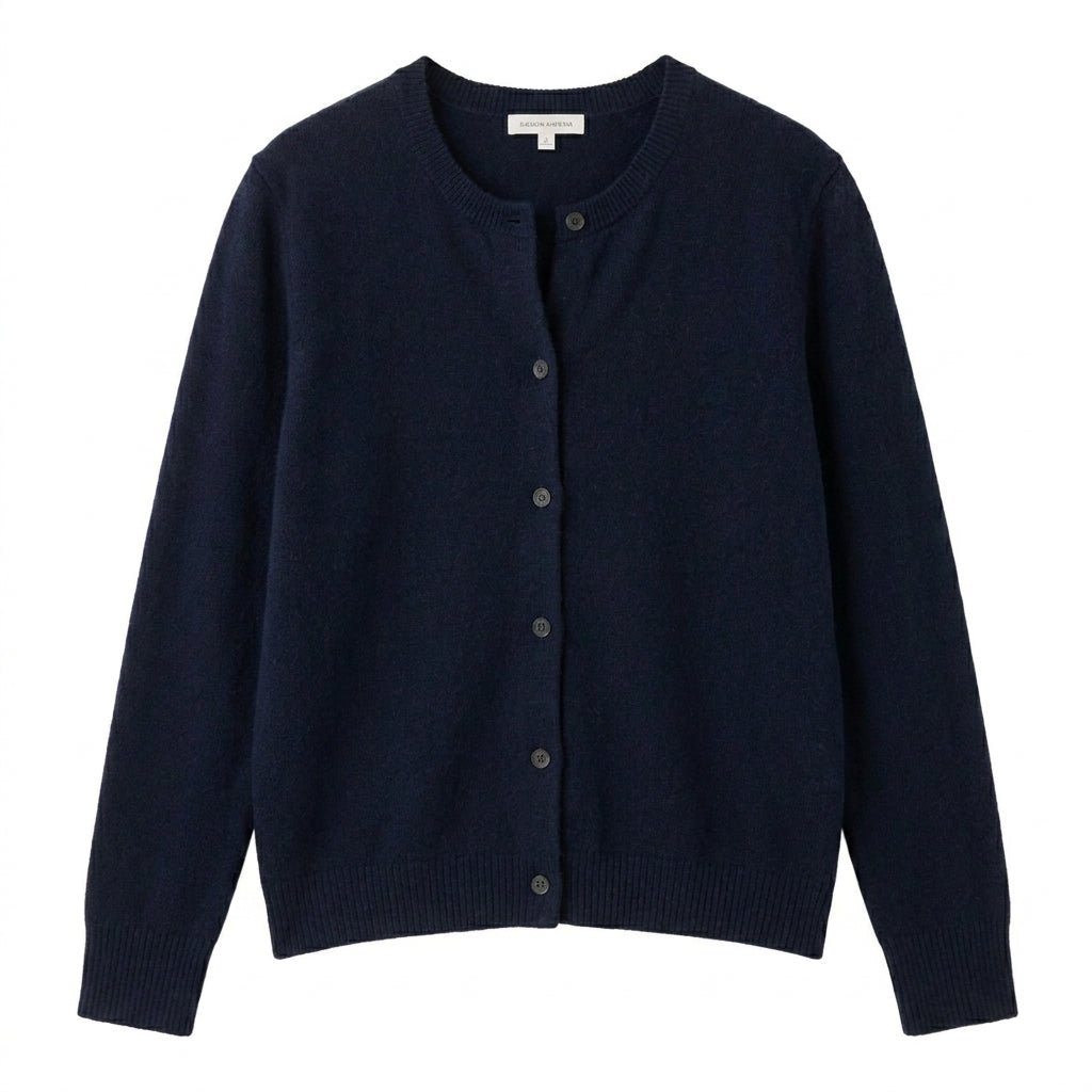 Women's cashmere cardigan featuring a button front and round neck, designed in a fitted style for versatile layering, perfect for both casual and formal occasions. 8