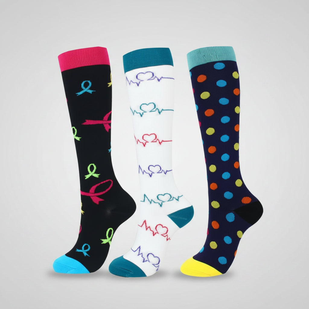 Women's compression socks designed for travel, featuring graduated support for enhanced circulation, breathable fabric for comfort, and a stylish design suitable for all-day wear. 7