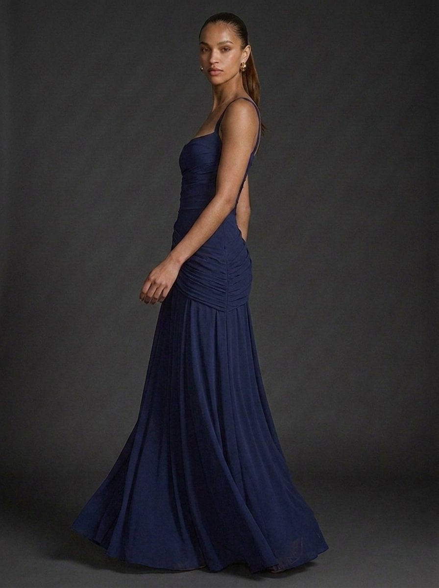 Women's elegant ruched maxi dress featuring a square neckline, perfect for wedding guests, showcasing a flattering silhouette and sophisticated design. 5