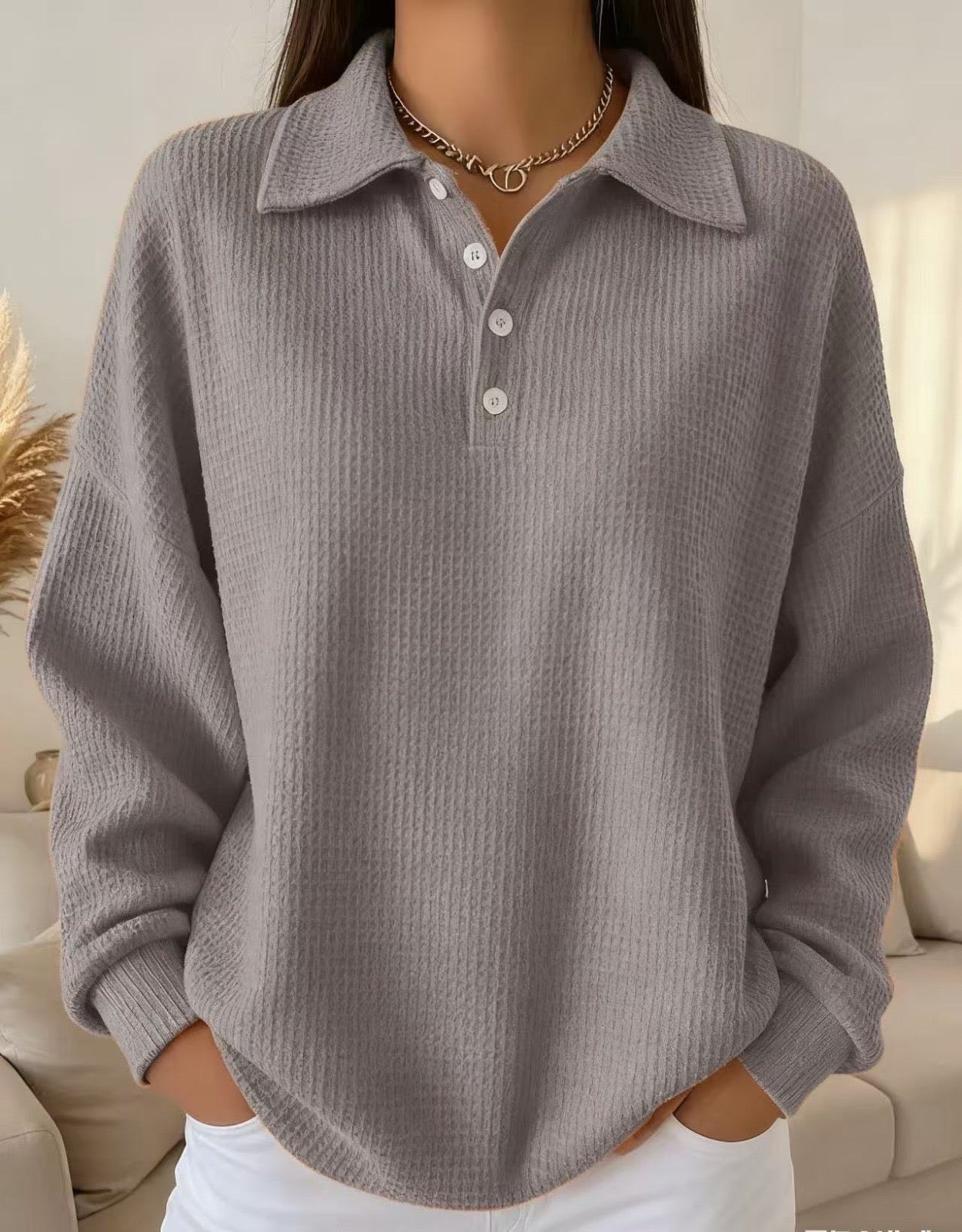 Women's sweater featuring a stylish polo collar and stretch knit design, perfect for both casual outings and office wear, showcasing elegant soft fabric and comfortable fit. 4