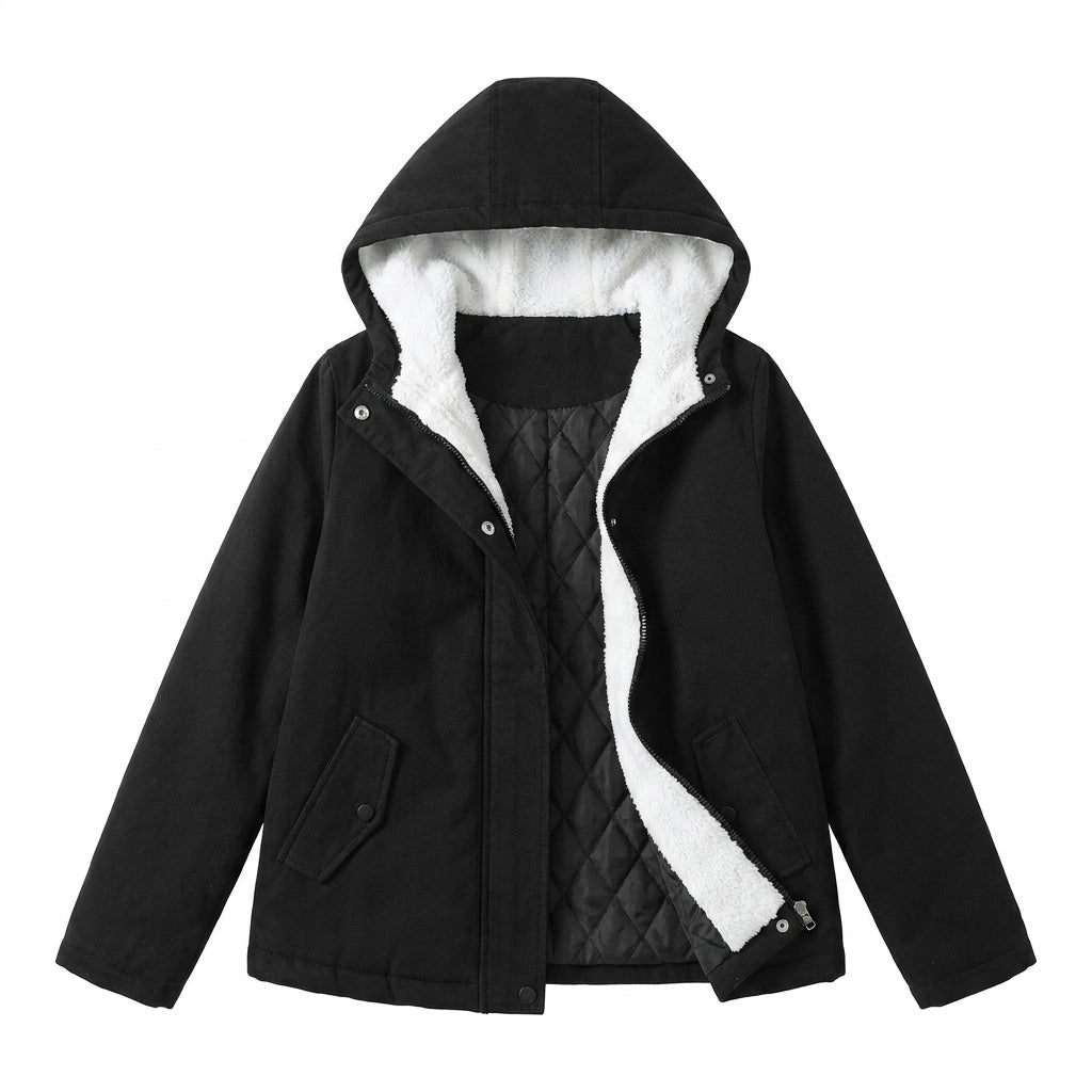 Women's winter jacket featuring a plush lining, structured hood, and zip-up design, perfect for keeping warm in cold weather. 8