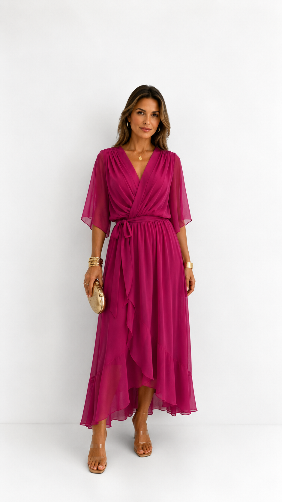 Elegant chiffon wrap maxi dress for women featuring flutter sleeves and an adjustable waist tie
15