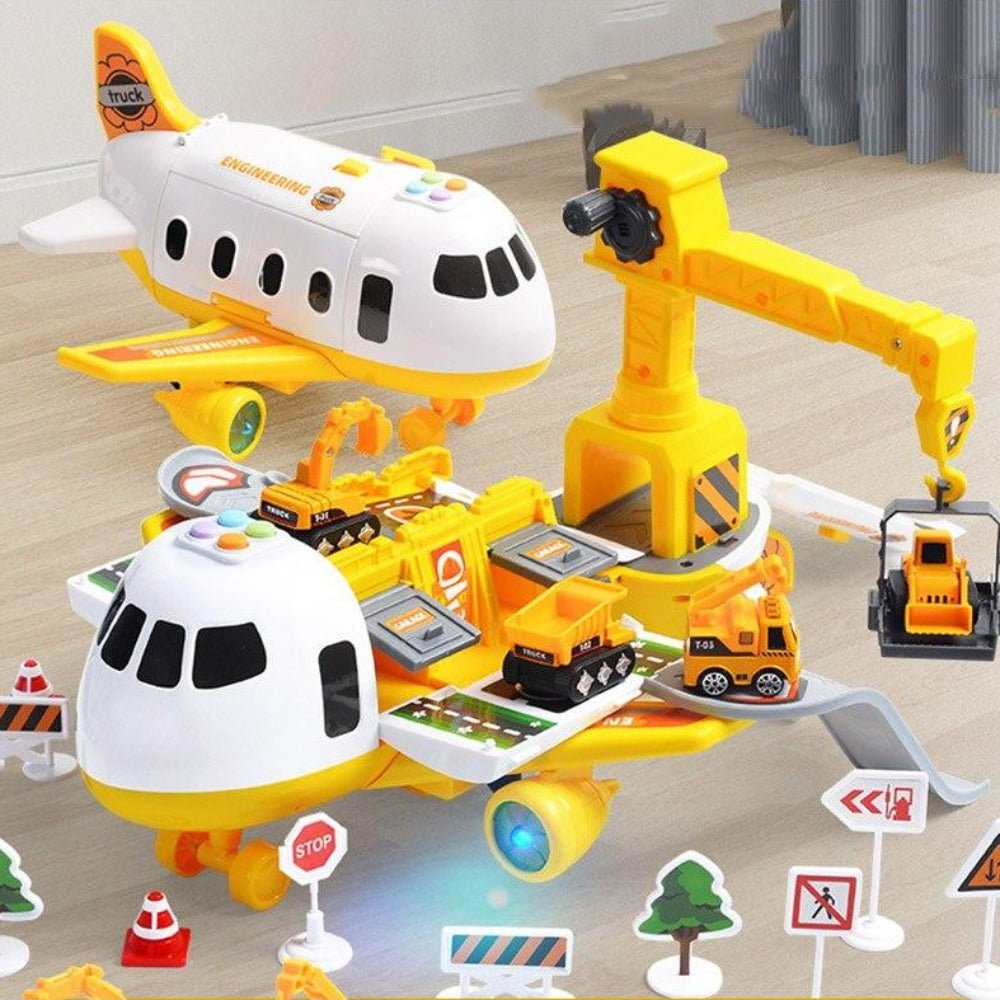 Adventure Plane Set featuring 6 colorful mini construction vehicles designed for kids aged 3-6, made from safe plastic for imaginative play. 9