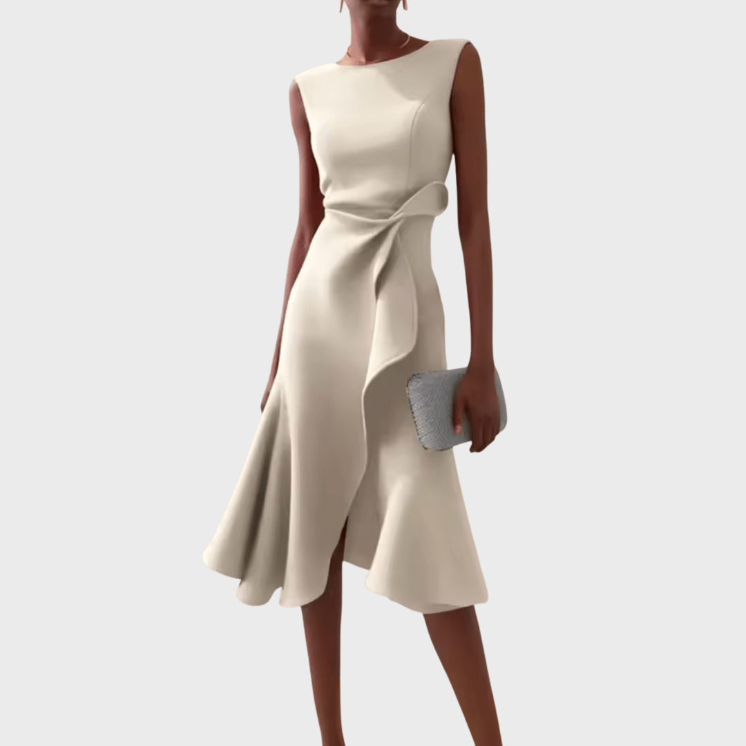 Asymmetric midi dress with draped design, featuring elegant sleeveless style, perfect for special occasions and evening wear. 11
