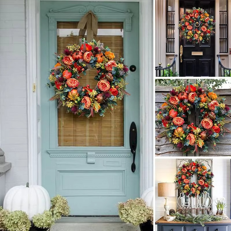 Autumn wreath featuring vibrant peony flowers and decorative pumpkins, measuring 40 cm, perfect for rustic fall door decoration. 3