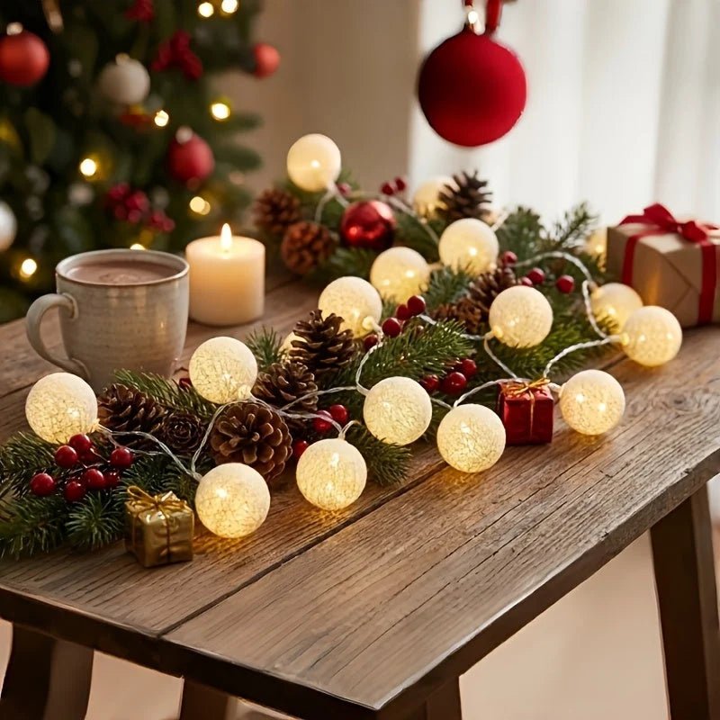 Battery-powered globe string lights featuring 10 LED white plastic spheres, perfect for indoor decoration and party ambiance. 0