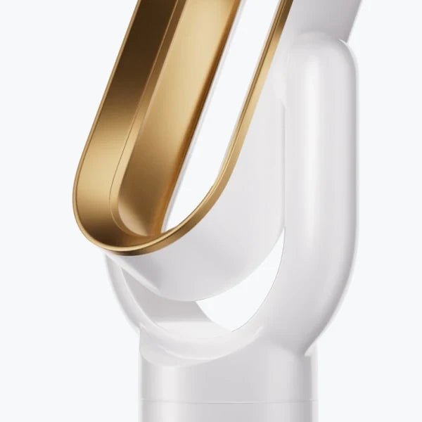 Bladeless tower fan in sleek silver and gold design featuring 10 adjustable speeds and wide oscillation for optimal airflow and modern home aesthetics. 7