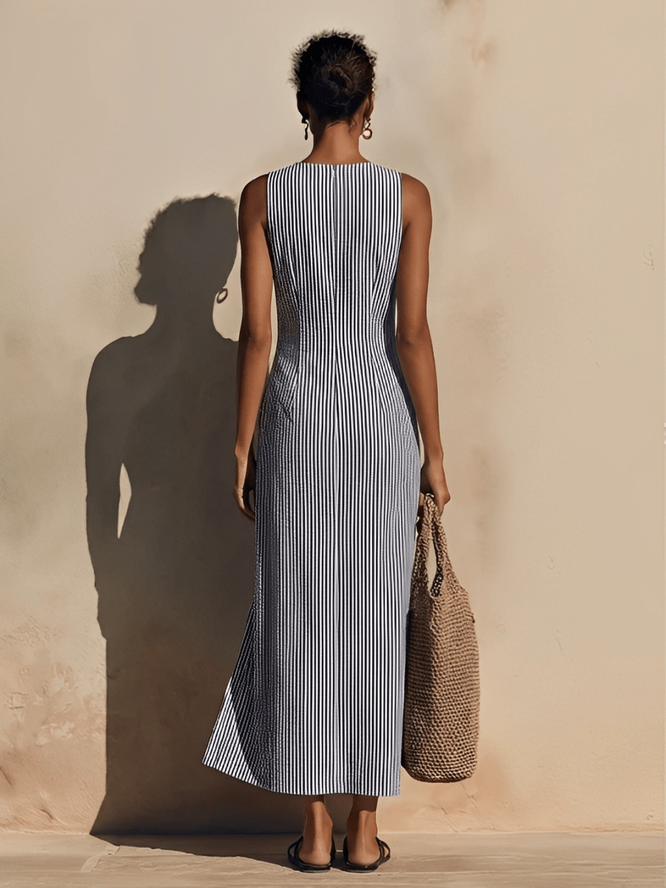 Blazer-style maxi dress featuring double-breasted gold buttons and nautical stripes, made from soft breathable fabric for a stylish and comfortable look. 4