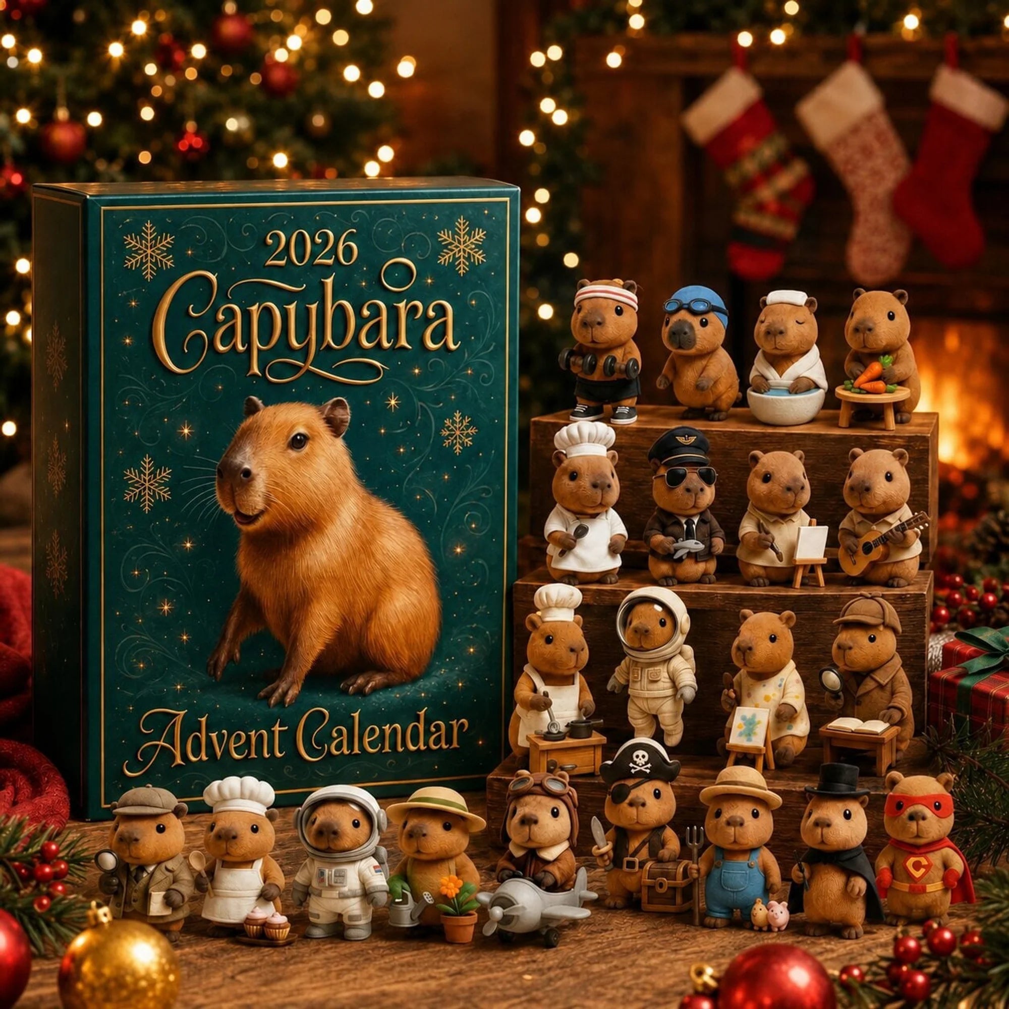 Capybara Advent Calendar 2026 featuring 24 festive figurines for kids, designed for a fun Christmas countdown experience. 0