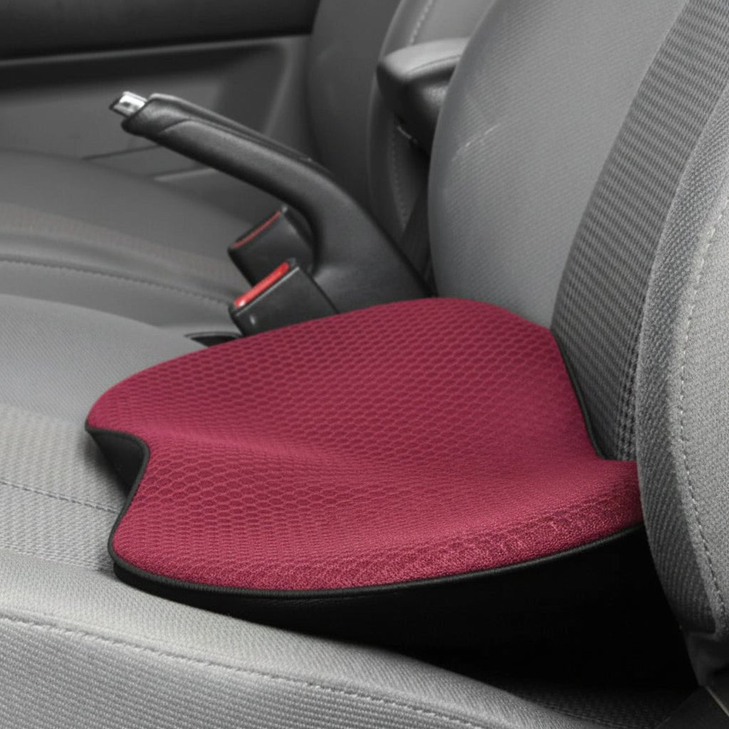 Car seat cushion with memory foam for comfort and posture support, featuring an ergonomic design and breathable fabric for enhanced driving experience. 3