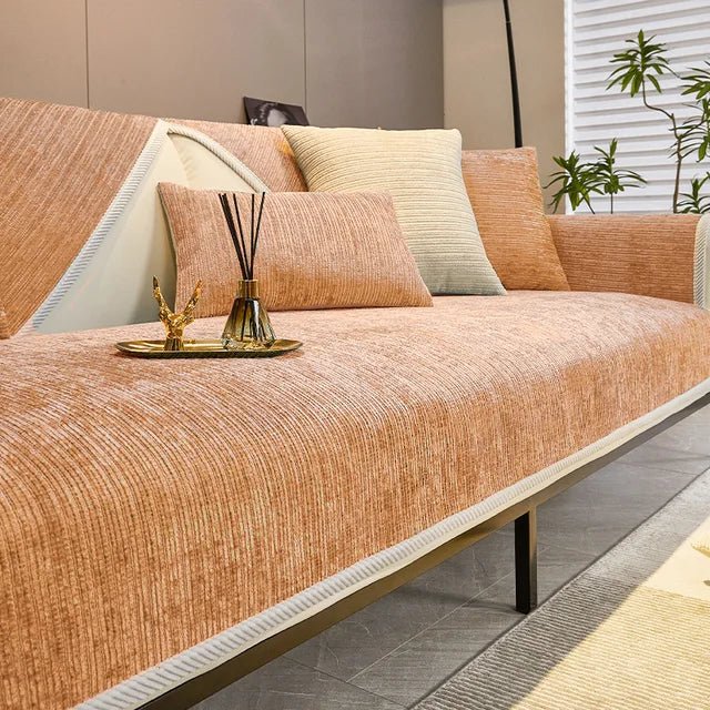 Chenille sofa cover with non-slip backing, designed for pet-friendly use and machine washable for easy cleaning, providing stylish protection for your couch. 6