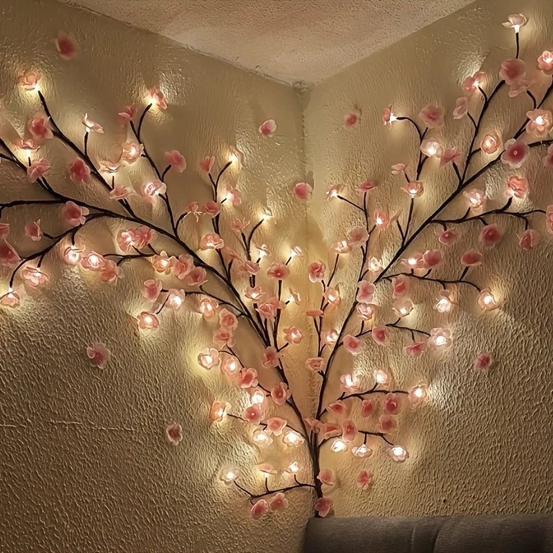 Cherry Blossom LED Vine Lights with USB Power, featuring delicate pink flowers and 8 lighting modes for a decorative floral ambiance. 0