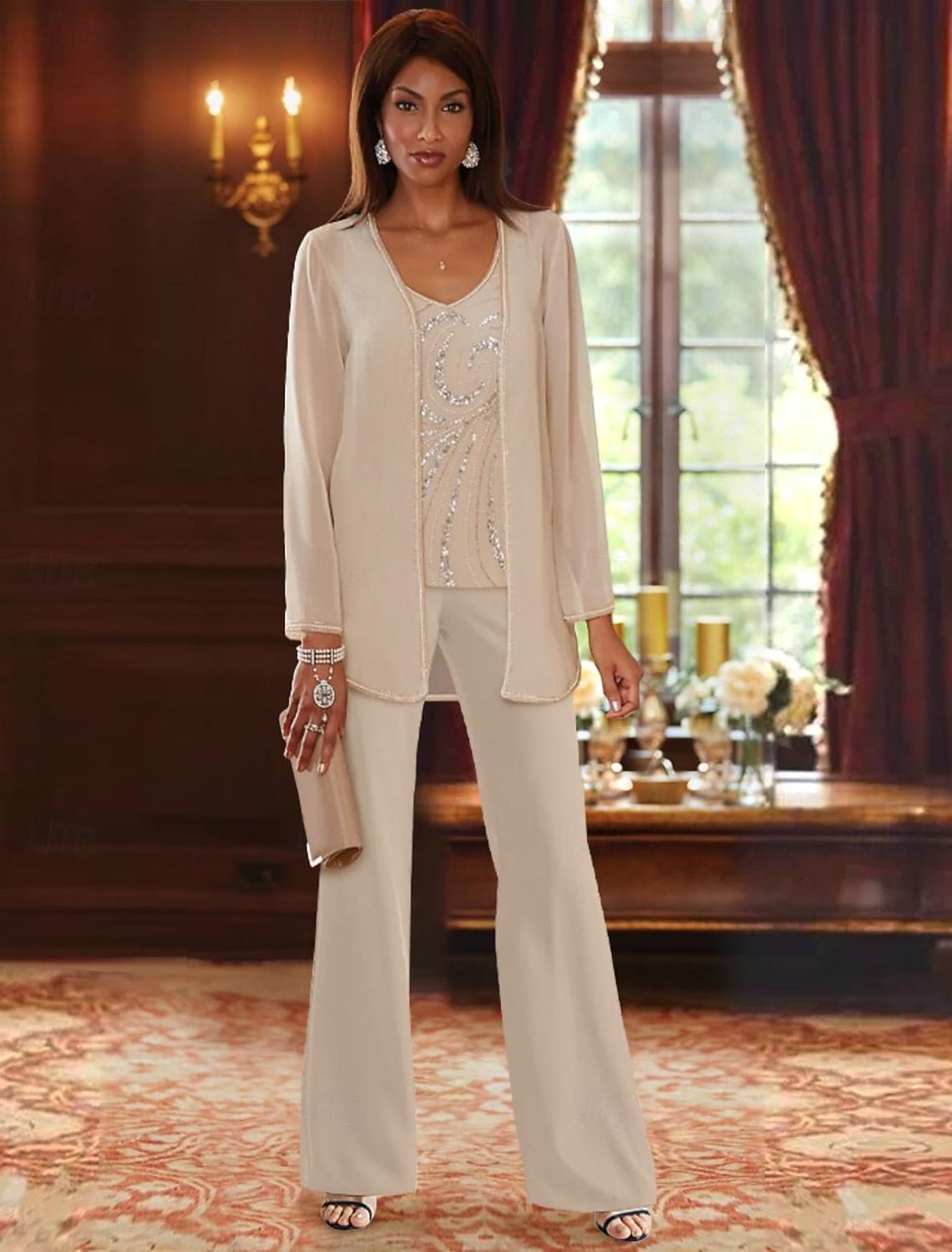 Chiffon Mother of the Bride Pantsuit with Sequined Jacket – Elegant V-Neck Floor-Length Design for Wedding