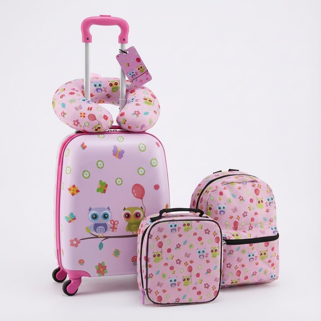 Children's travel set featuring a hard-shell suitcase with a lightweight adjustable handle and 360-degree wheels, perfect for young travelers, includes fun accessories for a 4