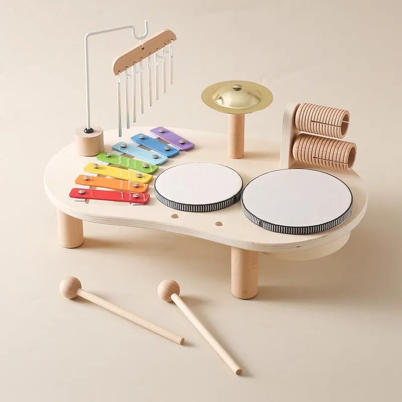 Children's wooden music set featuring a colorful xylophone and drums, designed for creative play, made from non-toxic materials for safe enjoyment. 6