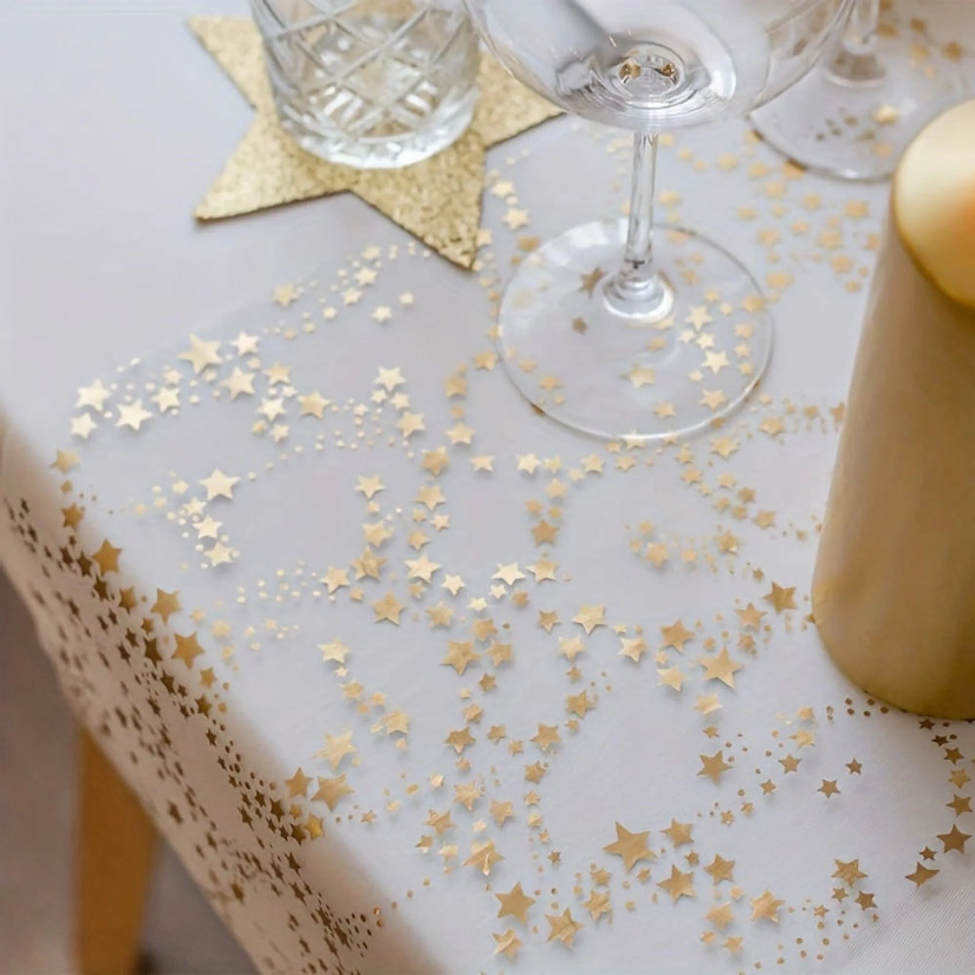Christmas table runner featuring golden stars on a sheer organza overlay, perfect for elegant festive dining decor, measuring 274 cm (108 in). 0