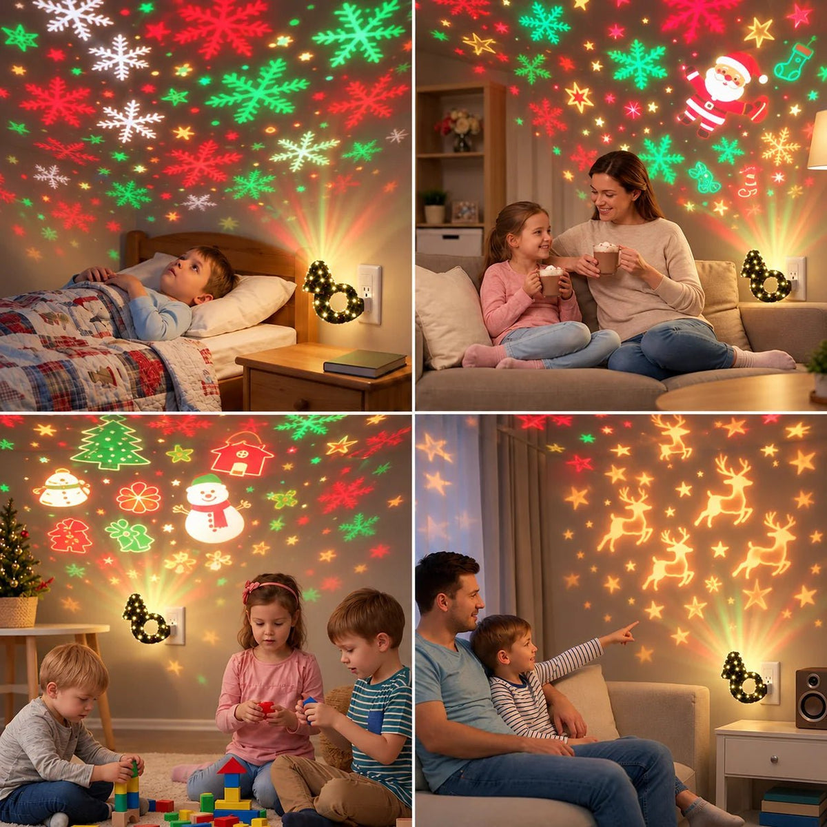 Christmas Tree Projector Lamp showcasing a vibrant festive light display, perfect for indoor holiday decor, powered by USB for easy use. 2