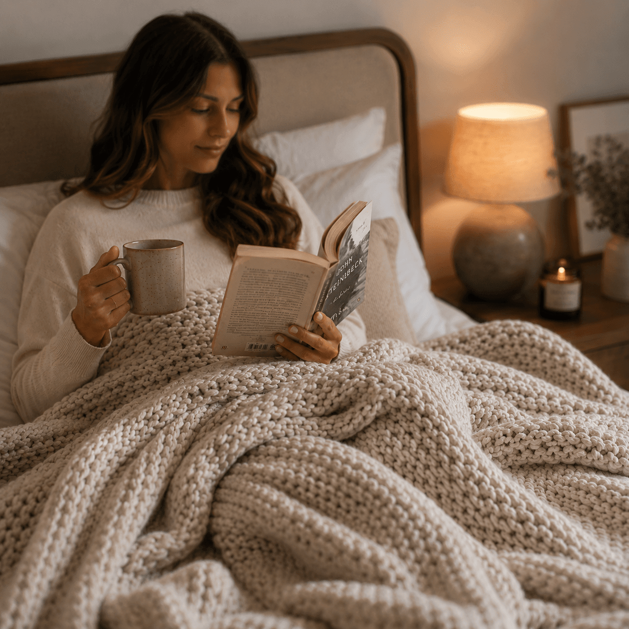 Chunky knit throw blanket in soft neutral yarn, perfect for adding warmth and style to your sofa or bed, ideal home decor accessory. 3