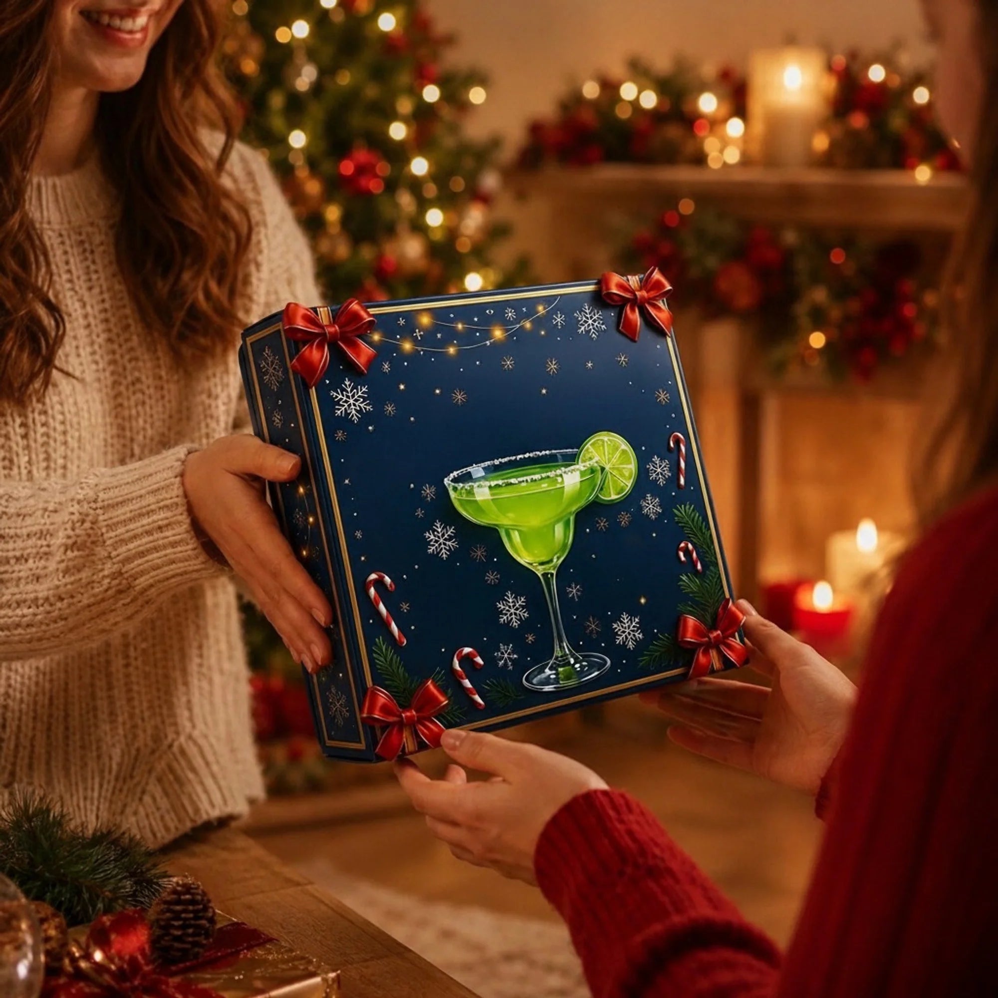 Cocktail Advent Calendar featuring 24 mini bottle ornaments, crafted from festive non-woven fabric, perfect for holiday home decor. 0
