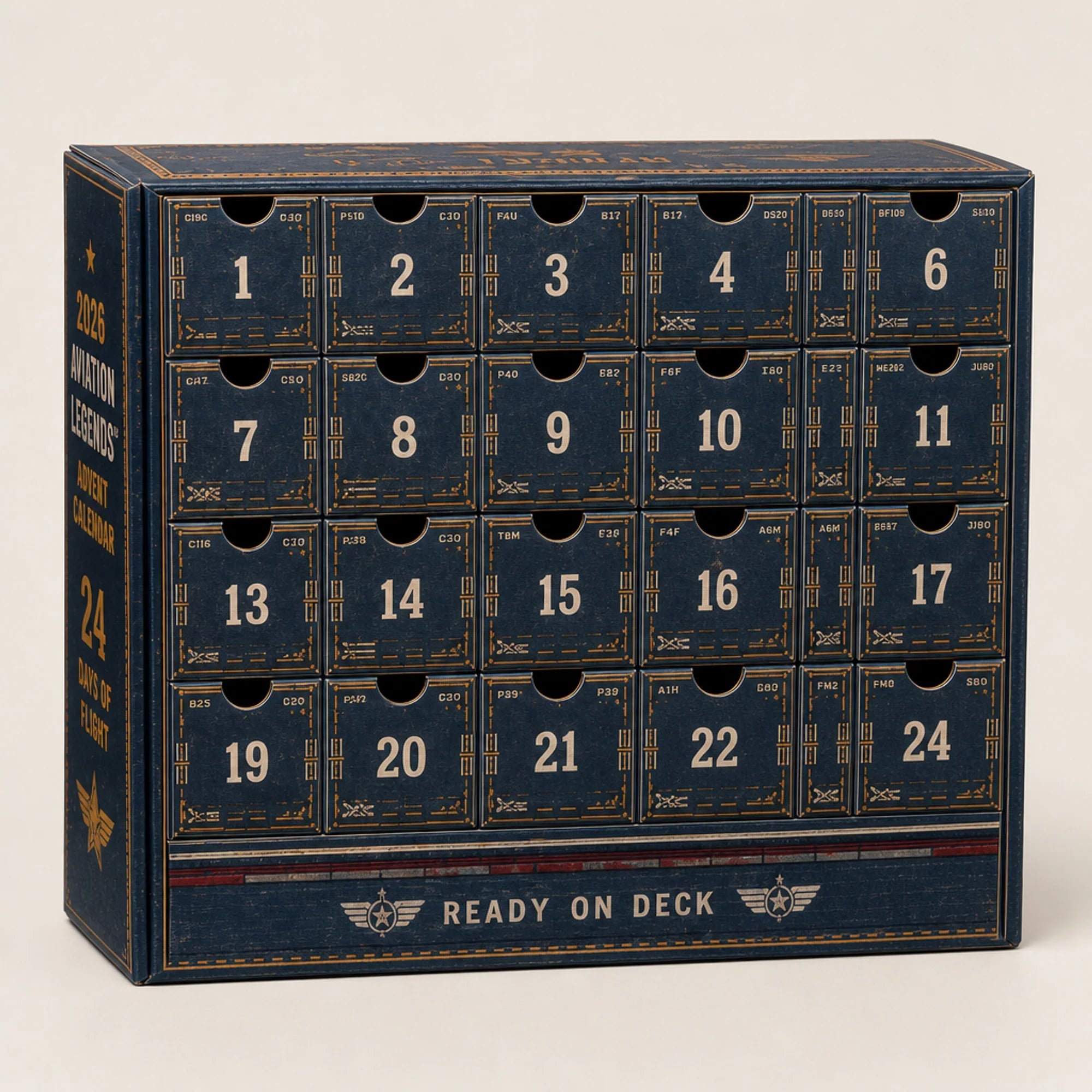 Collectible Aircraft Advent Calendar featuring 24 detailed miniatures in a Navy book-style design, perfect for Christmas countdown celebrations. 0
