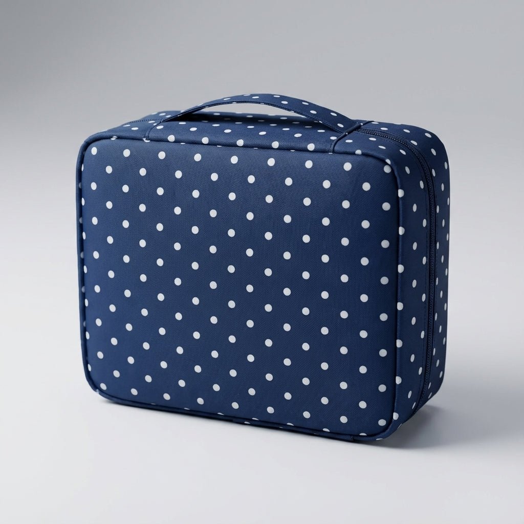 Compact makeup bag featuring waterproof fabric and multiple compartments for organized storage of cosmetics and beauty essentials. 12