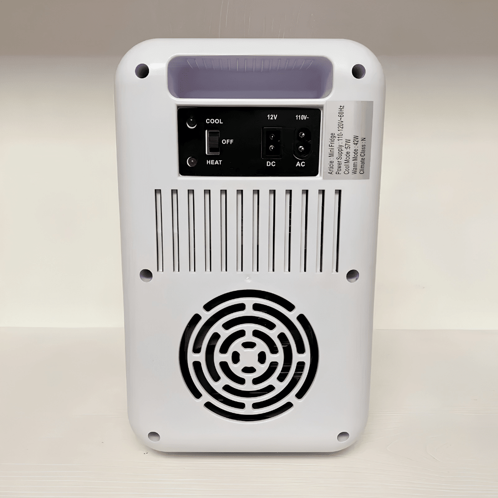 Compact mini fridge designed for skincare and snacks, perfect for bedroom and office use, featuring a sleek portable design and efficient cooling capabilities. 3
