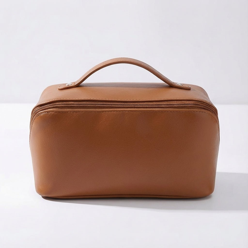Compact travel makeup bag featuring multiple compartments and a sturdy handle, designed for organizing beauty essentials in a glossy cosmetic pouch. 6