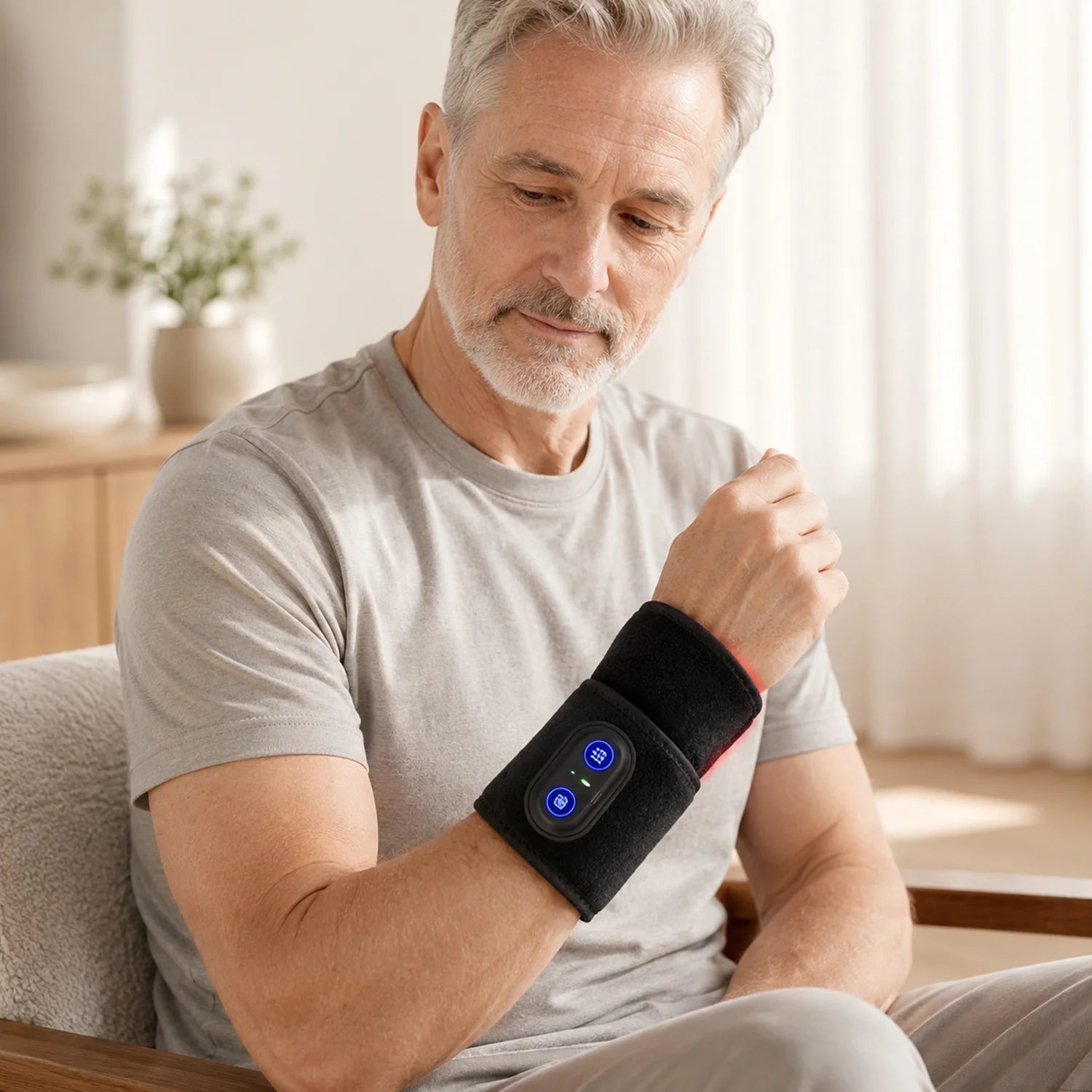 Cordless red light heat therapy wrap designed for wrist relief, featuring adjustable heat levels and a portable, adjustable fit for personalized comfort. 0