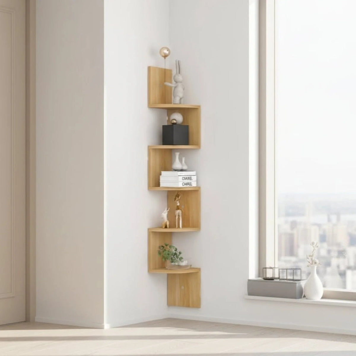 Multi-tiered corner wall shelf unit in modern MDF with a sleek lacquered finish, designed for stylish storage in living rooms and offices. 5