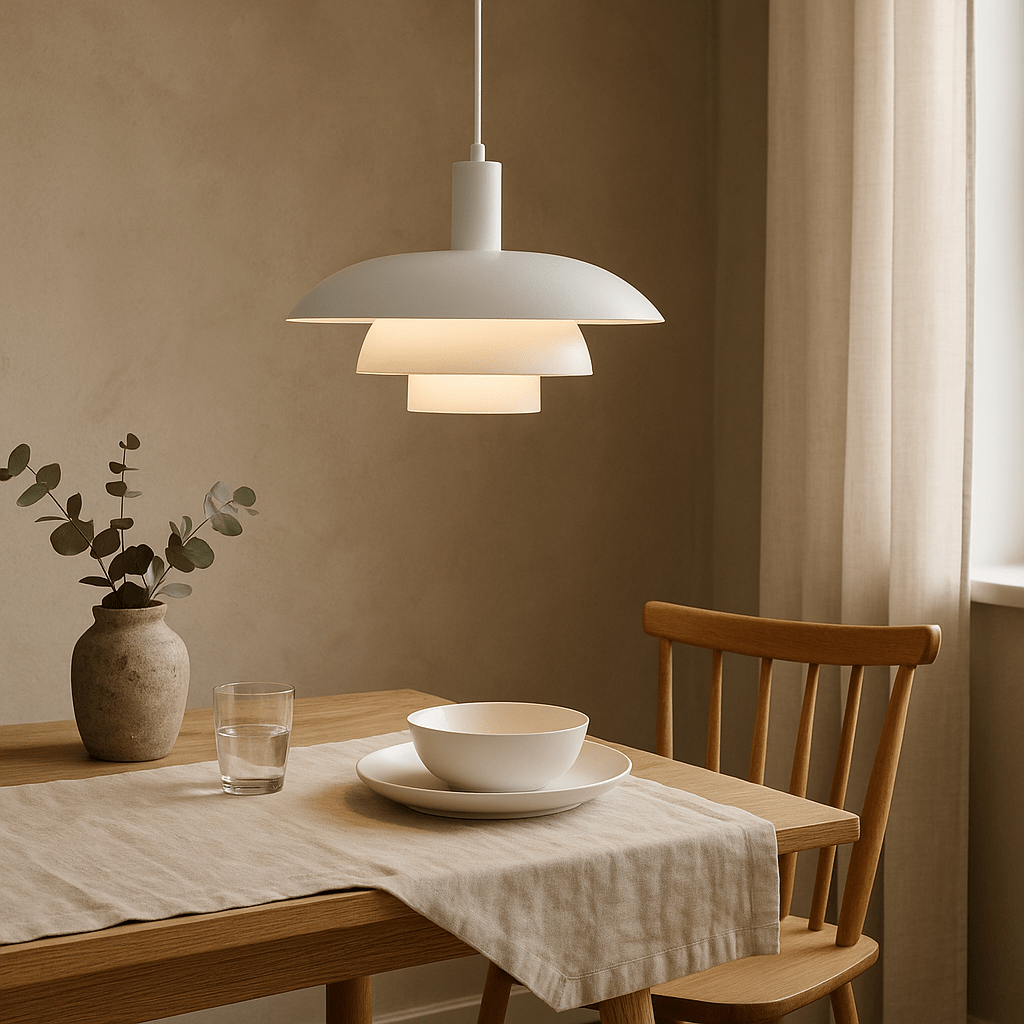 Danish style pendant lamp with integrated dimmable LED, available in 29cm and 39cm diameter, designed for kitchen islands with a sleek 13