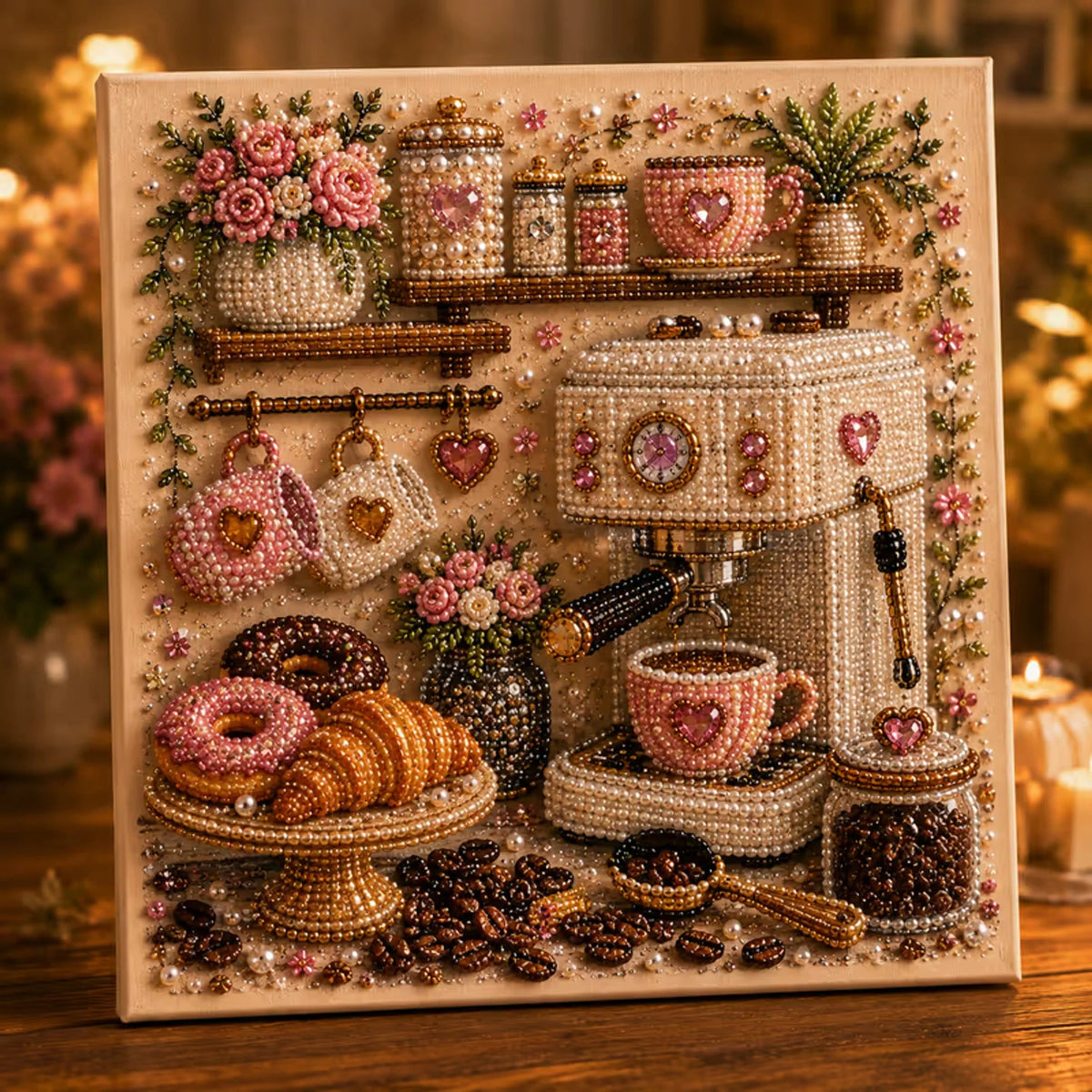 Diamond painting kit featuring a vintage room scene, adorned with special gems and pearls for enhanced sparkle and detail, perfect for art enthusiasts and crafters. 7