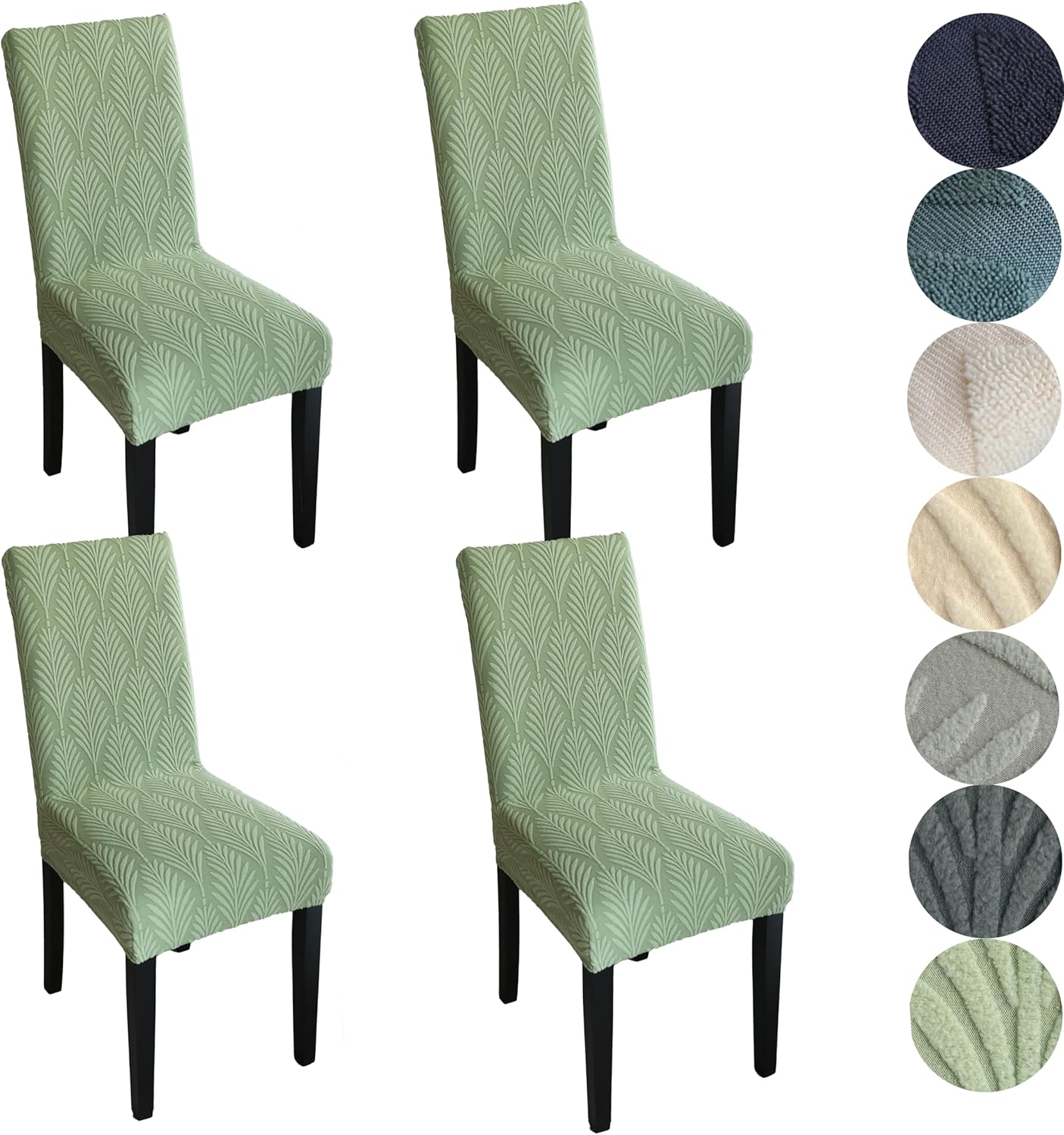 Set of stretchable and washable dining chair covers made from durable polyester fabric, designed to protect and enhance the look of dining room chairs, easy to install 17