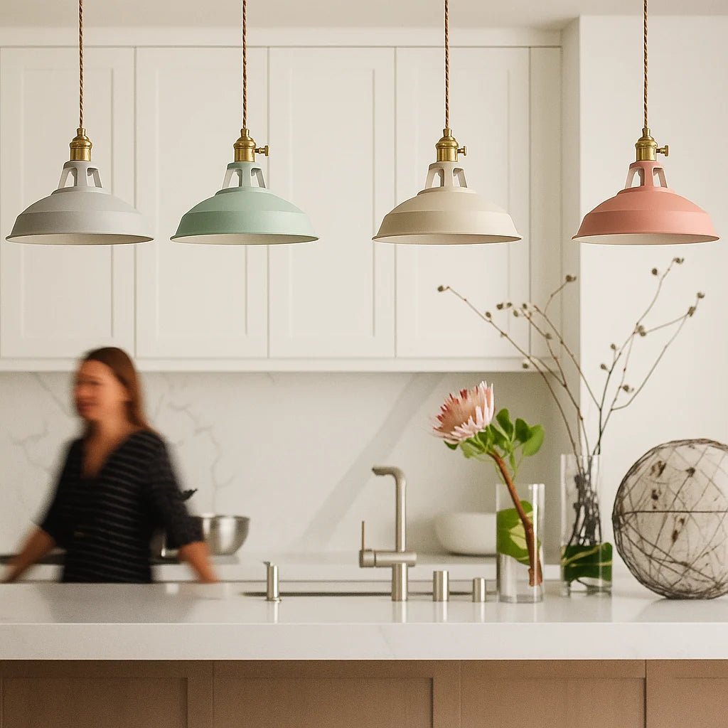 Dome pendant light with integrated LED in compact iron design, perfect for kitchen island lighting, available in multiple colors. 8