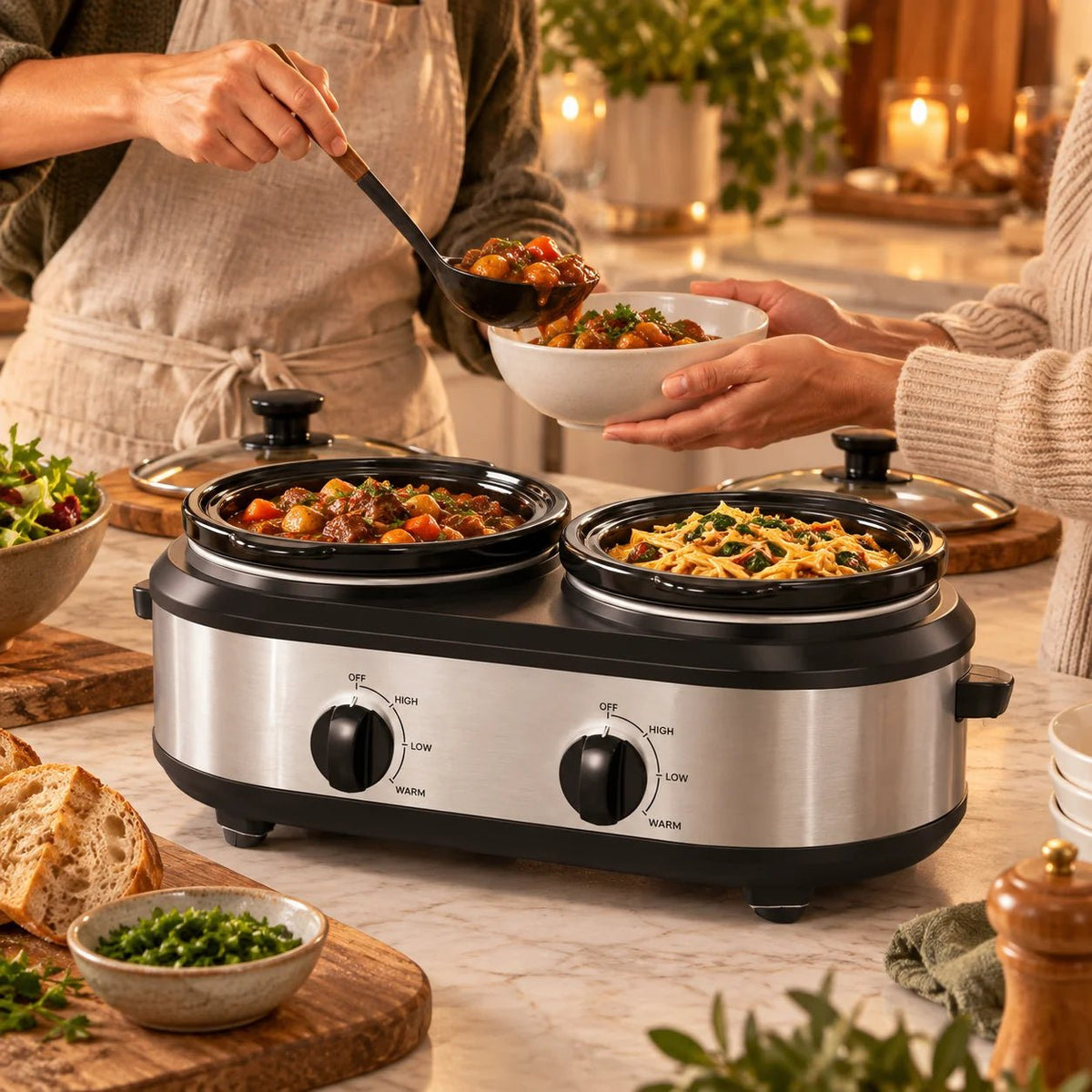Dual Slow Cooker featuring removable ceramic pots and individual heat controls in a sleek stainless steel design, perfect for versatile meal preparation. 8