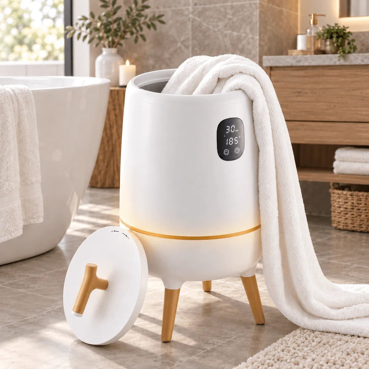 Electric towel warmer bucket with adjustable timer and aroma slot, 20L freestanding design perfect for cozy, heated towels and relaxation. 2